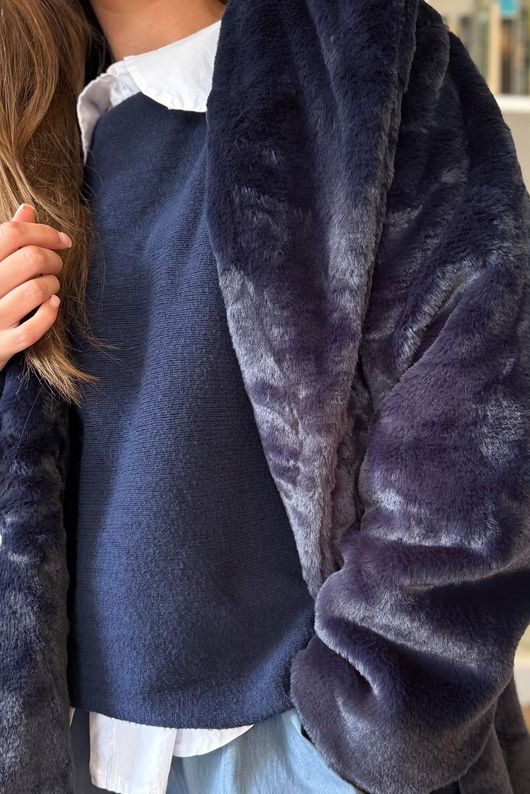 Mara Luxury Faux Fur Long Coat Navy